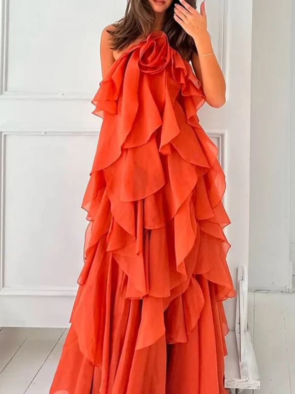 TWOTWINSTYLE Solid Spliced Ruffles Elegant Dresses For Women Halter Sleeveless High Wasit Backless Loose Dress Female Fashion - Image 5