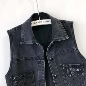 2024 Fashion Design Sequins Denim Vest Summer Autumn Women's Waistcoat Korean Leeveless Denim Jeans Jacket Female Vest Tops - Image 5