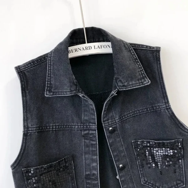 2024 Fashion Design Sequins Denim Vest Summer Autumn Women's Waistcoat Korean Leeveless Denim Jeans Jacket Female Vest Tops - Image 5