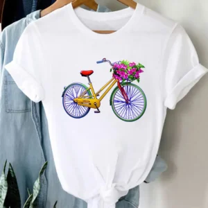 Fashion Women's T-shirt Floral Bicycle Print T-shirt Women's Cartoon Streetwear Tshirt Tops Aesthetic Clothes Oversized T Shirt - Image 5