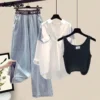Women's Spring Summer New Denim Pants Matching Set 2025 Korean Elegant Shirt+Vest+Jeans Three piece Female Strip Blouse Suit - Image 4