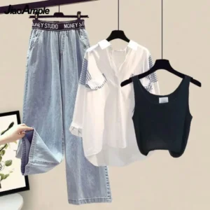 Women's Spring Summer New Denim Pants Matching Set 2025 Korean Elegant Shirt+Vest+Jeans Three piece Female Strip Blouse Suit - Image 4