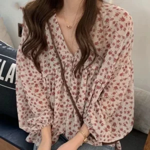 New Spring and Summer Fashionable Sweet and Loose Versatile Top with A V-neck Floral Long Sleeved Chiffon Shirt for Women 9307 - Image 3