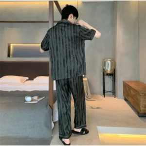 Plus Size Men Black Striped Short-Sleeve Long Pants Thin Pajama Set Cardigan Homewear Nightwear Youth Student Simple Sleepwear - Image 7