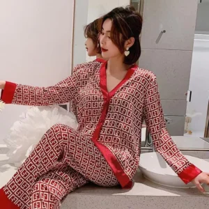 Spring and Summer New Ice Silk Pajamas Homewear Set Girls Long-Sleeved V-Neck Cardigan Simulation Silk Lapel Pajamas Homewear Se - Image 6