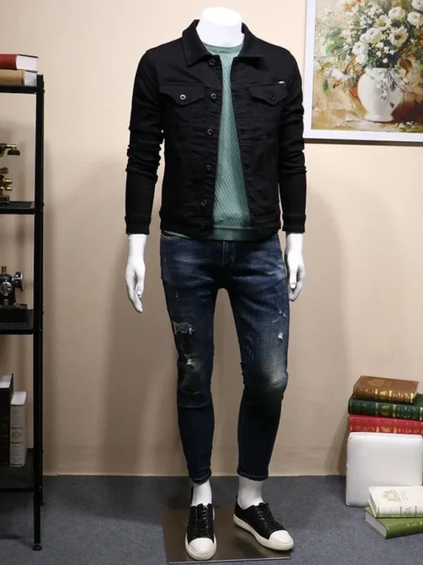 Male Jean Coats Button Autumn Men's Denim Jacket Slim Fit Black Cheap Price Stylish Winter 2024 High Quality Original Outerwear - Image 4