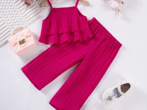 2024 Summer Hot Selling Casual Fashion Set for Girls Solid Color Strap Pants Wave Stripe Fashion Style for Daily Wear