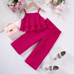 2024 Summer Hot Selling Casual Fashion Set for Girls Solid Color Strap Pants Wave Stripe Fashion Style for Daily Wear