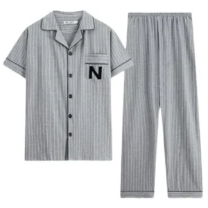 100% Cotton Button up Top and Pants Men's Plus Size Pajamas Loungewear Casual Simple Fashion Youth Sleepwear Homewear 2PCS Set - Image 4