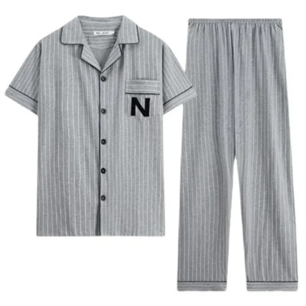 100% Cotton Button up Top and Pants Men's Plus Size Pajamas Loungewear Casual Simple Fashion Youth Sleepwear Homewear 2PCS Set - Image 4