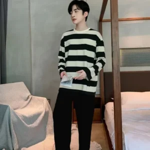 Striped Plus Size Men Pajamas Summer Long Sleeve Casual Sports Loose Black Round Neck T-Shirt and Long Pants Two-Piece Set - Image 3