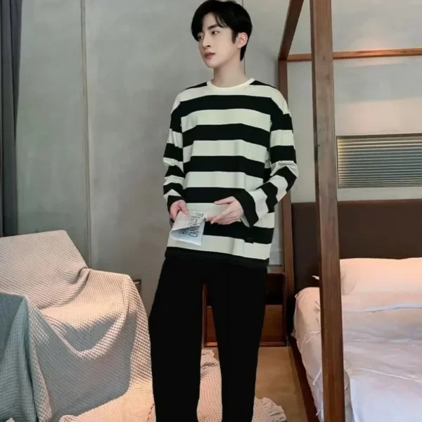 Striped Plus Size Men Pajamas Summer Long Sleeve Casual Sports Loose Black Round Neck T-Shirt and Long Pants Two-Piece Set - Image 3
