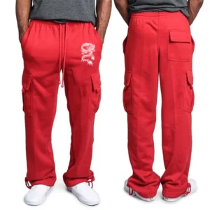 Men Fashion Pants dragon print Solid Color Pockets Baggy Pants Casual Loose Trousers High Waist Drawstring Cargo Pants - Image 5