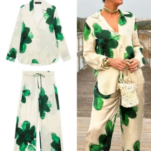 TRAFZA Women Fashion Floral Print Blouse Pant Sets Long Sleeve Lapel Shirt Drawstring Wide Leg Trousers Female Streetwear Suit