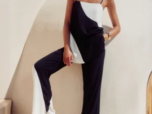 Wefads Women Loose Black and White Color atching 2 Piece Sets Sleeveless Tank Top High Waist Pants Suit Elegant Casual Office