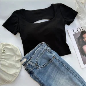 T-shirt Woman clothing Square Neckline tops Short Sleeve crop top with bras for women girls sexy street wear Backless top tees - Image 3
