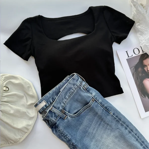 T-shirt Woman clothing Square Neckline tops Short Sleeve crop top with bras for women girls sexy street wear Backless top tees - Image 3