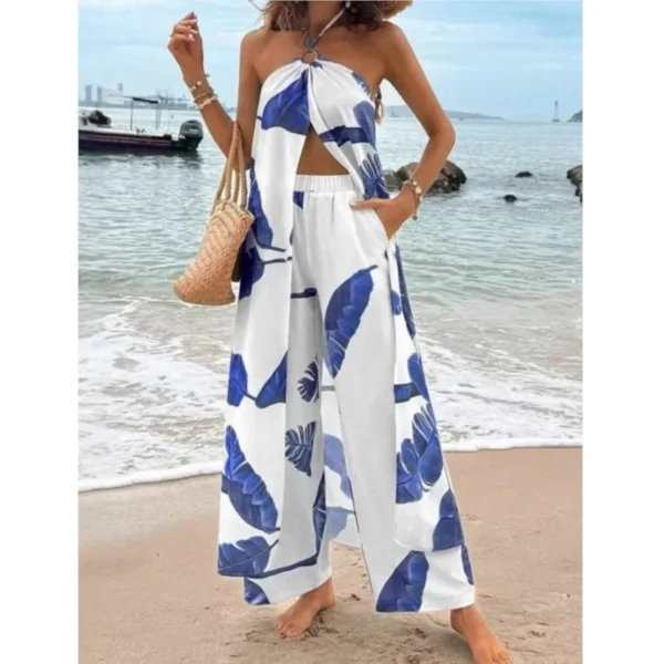 Fashion Women Two Pieces Sets New Summer Printed Slit Sexy Long Halter Neck Tops+straight Pants Casual Suit Female Chic Clothing - Image 6