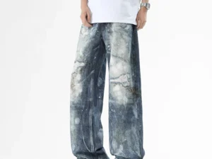 Mens Washed High Street Retro Pants Splashing Ink Color Piercing Printed Jeans High Street Trendy Brand Men Clothing Baggy Jeans