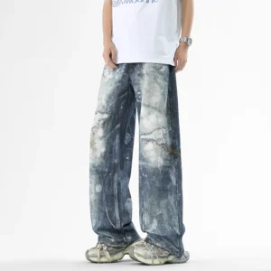 Mens Washed High Street Retro Pants Splashing Ink Color Piercing Printed Jeans High Street Trendy Brand Men Clothing Baggy Jeans