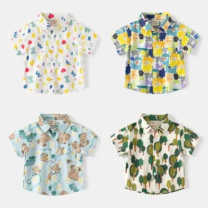 Children's Clothing Boys Short Sleeves Shirt Summer Beach Leaves Dinosaur Printed Blouse Hawaiian Aloha Top Shirts for 2-8y Kids