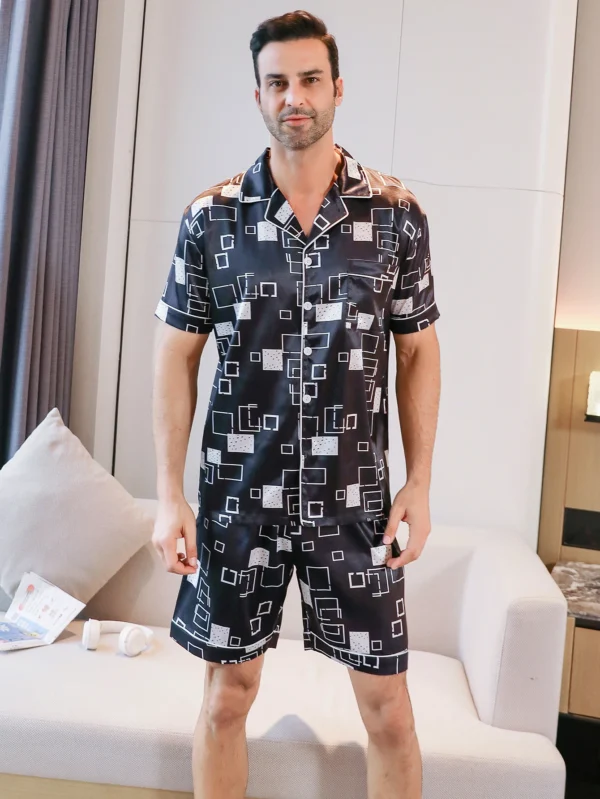 Two piece sets for men's pajamas summer short sleeved shorts checkered pattern printed home clothing sleepwear set - Image 3