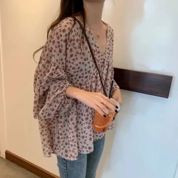 New Spring and Summer Fashionable Sweet and Loose Versatile Top with A V-neck Floral Long Sleeved Chiffon Shirt for Women 9307 - Image 6