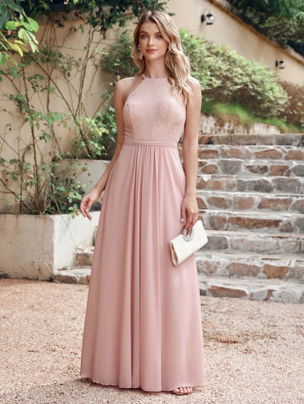 Chiffon A-line Wedding Party Guest Gown Sexy Halter Bridesmaid Dress Neckline Sleeveless Floral Lace Appqulies Evening Dress - Image 3