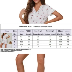 Sexy Pajamas Women V-Neck Lace Cherry Print Short-Sleeved Shorts Striped Fancy Sleepwear 2 Piece Set Home Wear Student Nightwear - Image 6