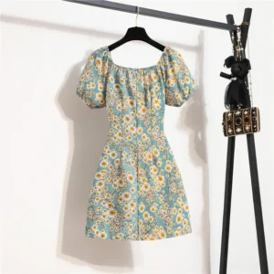 Women Mini Dresses Summer Fashion Female Vestidos Print Floral Chiffon Dresses Shirring Pleated Short Puffy Sleeve Casual Dress - Image 5