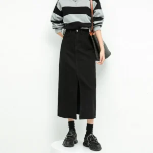 Split Denim Skirt For Women High Waisted Loose A-line Skirt Korean Elegant Black Skirts 2023 Autumn Fashion Mid length Skirts