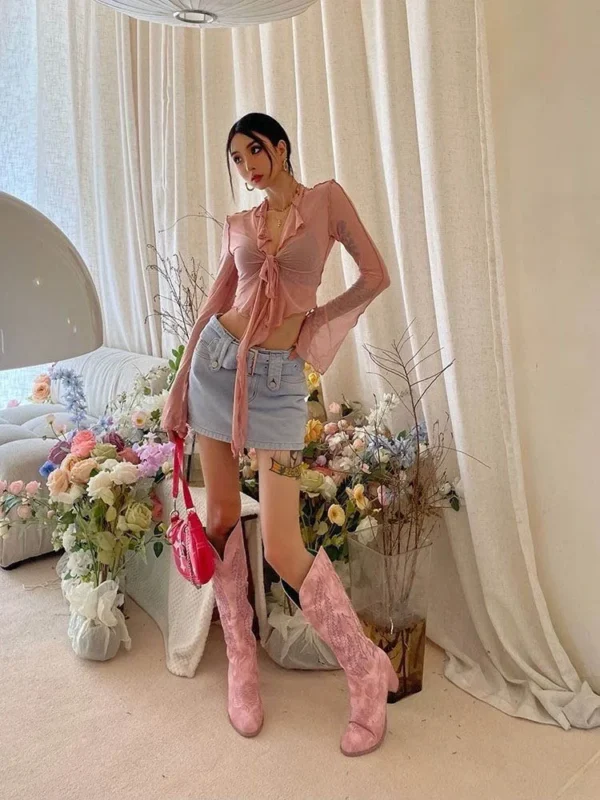 Long Flare Sleeve Blouses for Women Lace-up Mesh Sexy Sweet Hot Girls Korean Fashion Style All-match Solid Design Elegant Casual - Image 3
