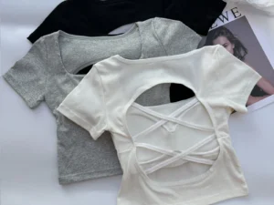 T-shirt Woman clothing Square Neckline tops Short Sleeve crop top with bras for women girls sexy street wear Backless top tees