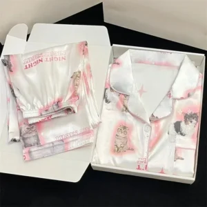 Kawaii Youth Girl's Satin Homewear Short Long Fashion Pyjama Cute Cat Print Summer New Thin Pajamas for Women Silk Home Set - Image 4