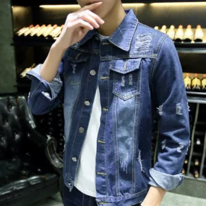 Denim Jackets Man Blue In Lowest Price Jeans Coat For Men With Hole Wide Sleeves Ripped Of Fabric Vintage Worn Stylish Y2k - Image 7