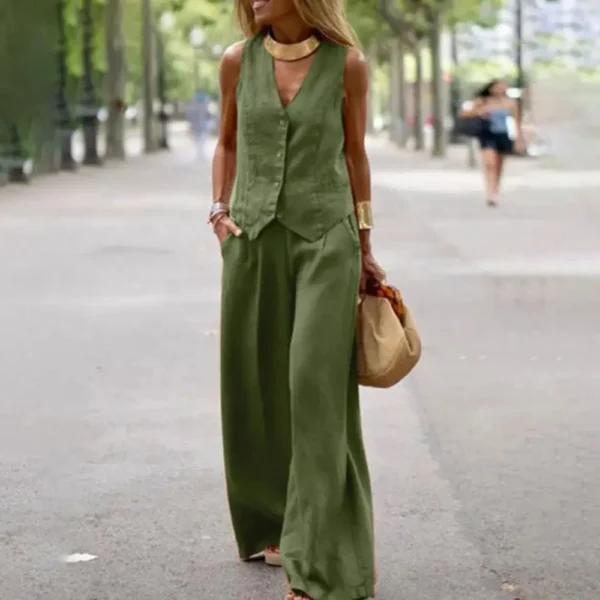 Casual Tank And Wide Leg Pant Sets 2 Piece Sets Women Outfit Summer Elegant Solid Cotton Linen Tops Trousers Suit Femme 5XL - Image 3