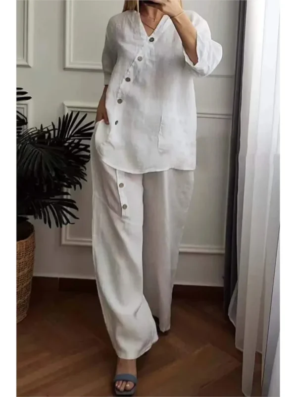 Casual 2PCS Fashion Women Suit 2024 Spring Summer 3/4 Sleeve Pocket Button Blouse Loose Pant Sets Work Solid Two Piece Sets - Image 3