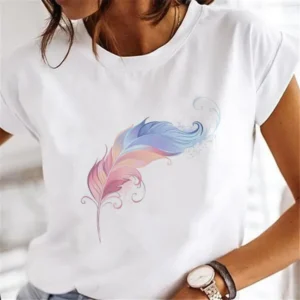 Women's Short-sleeved T-shirt Feather Fashion Print Instagram Base Shirt Women Clothes Tops Aesthetic Clothes Graphic T Shirts - Image 4