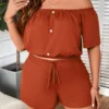 New Plus Size Women's Clothing New Casual One-shoulder Decorative Buckle Solid Colour Loose Short Sleeve Two-piece Set - Image 3
