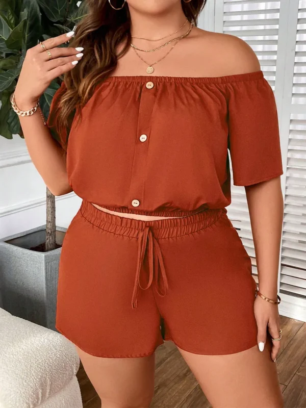 New Plus Size Women's Clothing New Casual One-shoulder Decorative Buckle Solid Colour Loose Short Sleeve Two-piece Set - Image 3