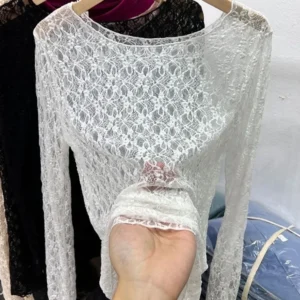 2025 Slightly transparent black lace shirt women long sleeved Spring and Autumn New slim fit inner layer with mesh - Image 3