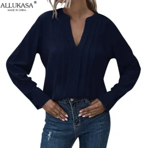 Allukasa Women Chiffon Blouse Female V Neck Casual Long Sleeve Pleated Solid Color Pullover Fashion Office Shirt Ladies Clothing - Image 6