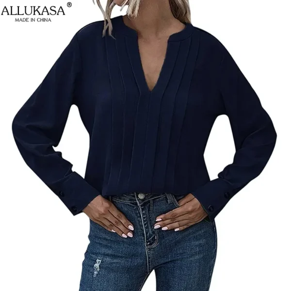 Allukasa Women Chiffon Blouse Female V Neck Casual Long Sleeve Pleated Solid Color Pullover Fashion Office Shirt Ladies Clothing - Image 6