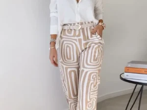Elegant Office Lady Casual Suit Fashion Solid Long Sleeve Lapel Shirt Elastic Waist Print Trousers Two Piece Set 2024 Autumn New