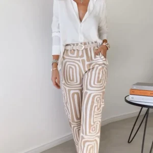 Elegant Office Lady Casual Suit Fashion Solid Long Sleeve Lapel Shirt Elastic Waist Print Trousers Two Piece Set 2024 Autumn New