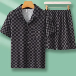Men's Summer Thin Plaid Open Cardigan Collar Sleepwear Large Size Outdoor Wearable Home Clothes Two-Piece Set Comfortable Pajama - Image 3