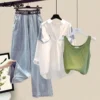 Women's Spring Summer New Denim Pants Matching Set 2025 Korean Elegant Shirt+Vest+Jeans Three piece Female Strip Blouse Suit - Image 3