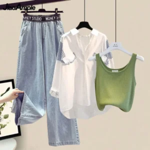Women's Spring Summer New Denim Pants Matching Set 2025 Korean Elegant Shirt+Vest+Jeans Three piece Female Strip Blouse Suit - Image 3