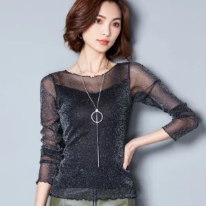 Glitter Mesh Blouse Sexy Womens Shirts Long Sleeve Tops Korean Black Pink O-Neck Elegant Slim Blouse Camisas Femininas - Image 3