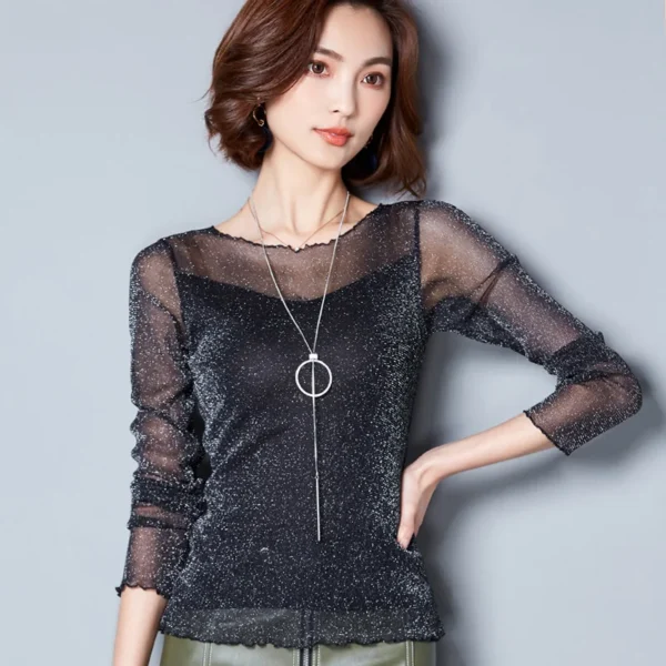 Glitter Mesh Blouse Sexy Womens Shirts Long Sleeve Tops Korean Black Pink O-Neck Elegant Slim Blouse Camisas Femininas - Image 3